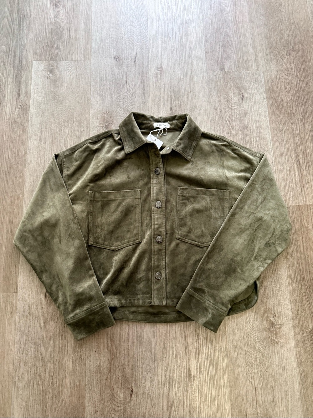 z supply all day cropped green faux suede collared button front jacket small NEW